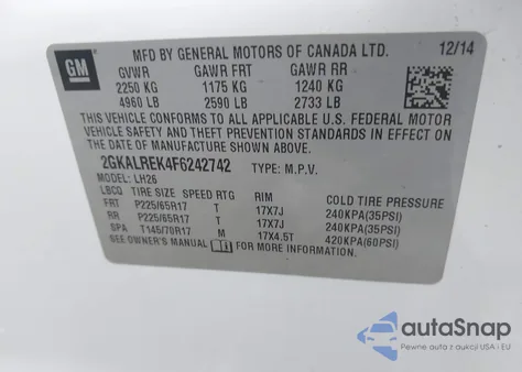 2015 GMC Terrain Sle-2 из США, поврежденный, VIN 2GKALREK4F6242742